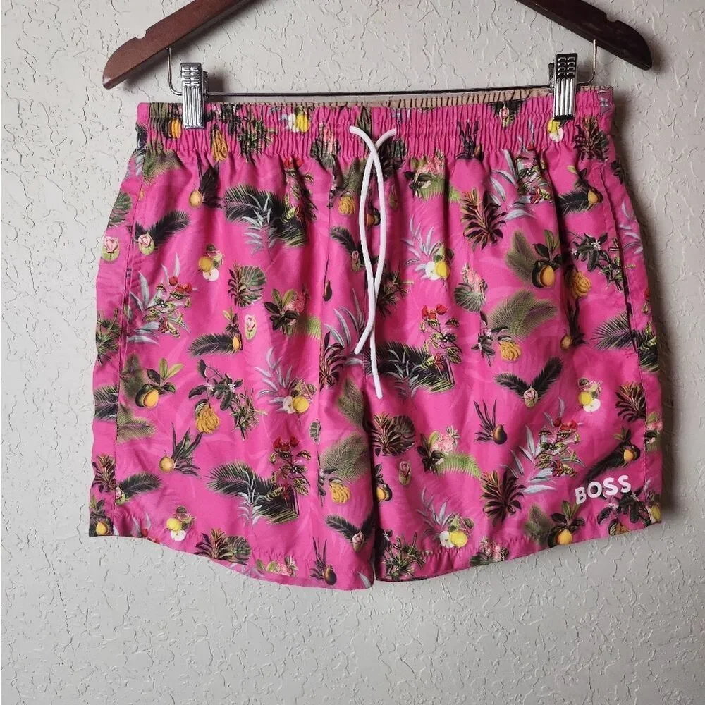 BOSS Piranha Swim Trunks Shorts Tropical Pink Size L